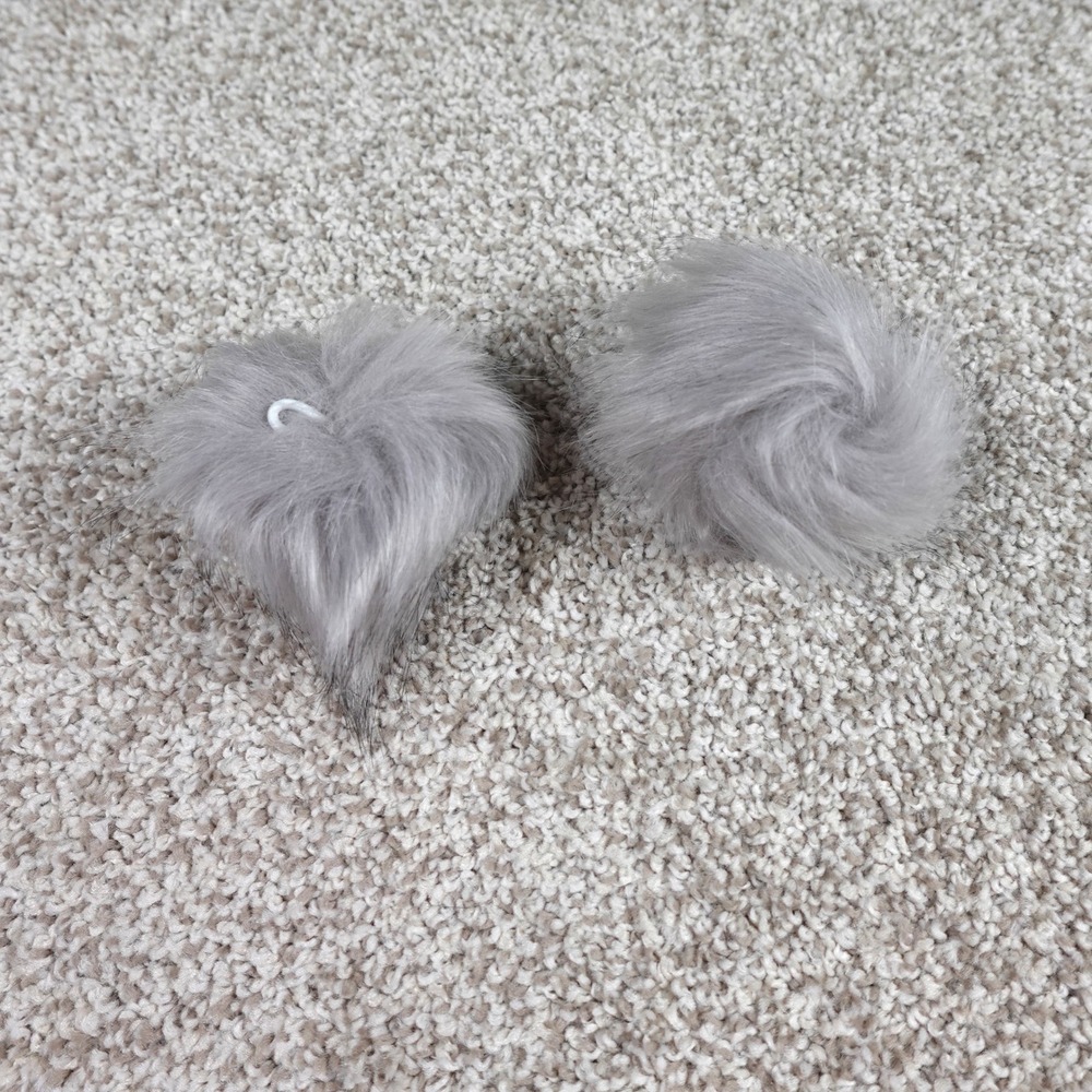 Grey Faux Fur Pom Pom Set of 2 with Elastic Loops for Beanies and Crafts 3.5in